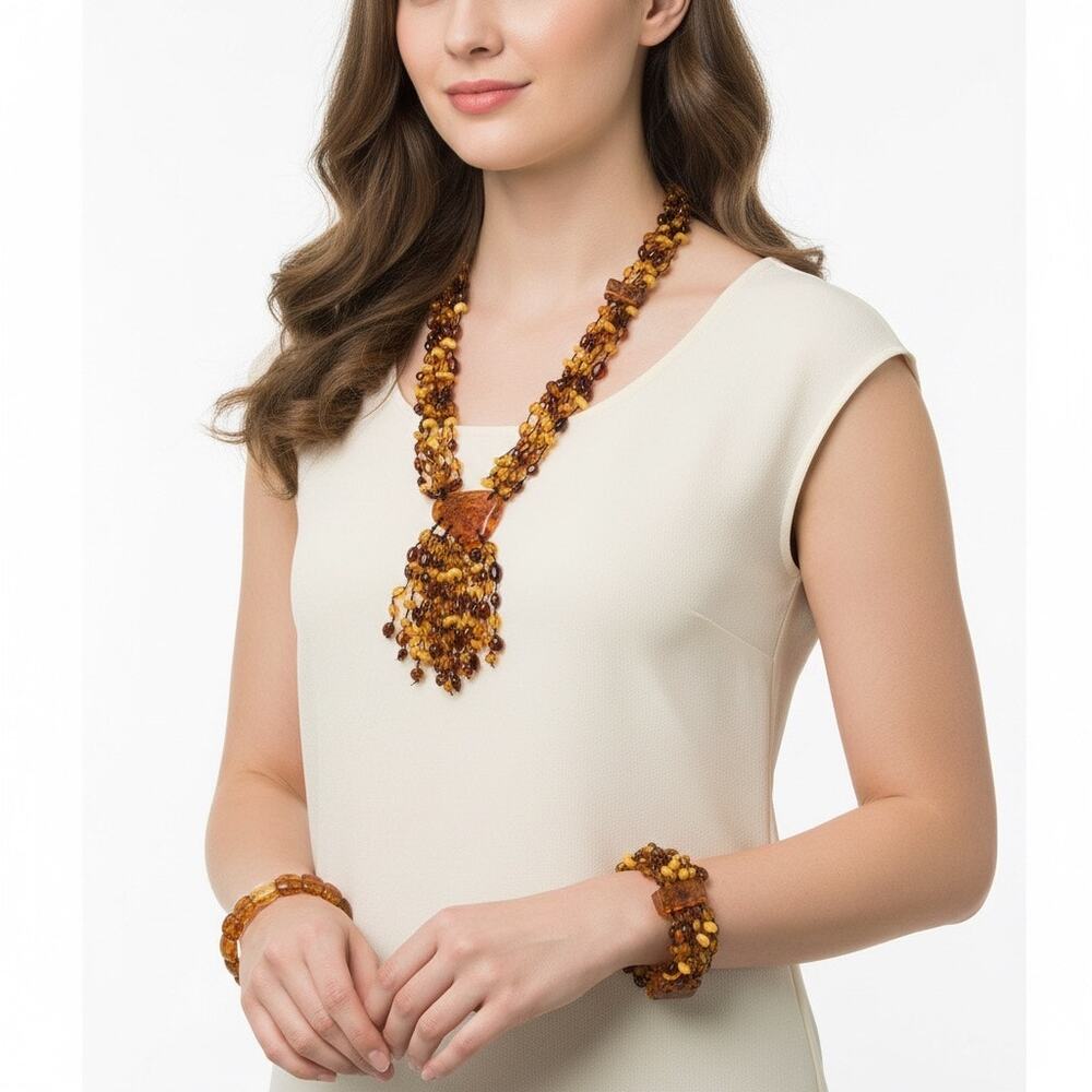 Amber Beaded Multi Strand Necklace With Medallion And Bracelets